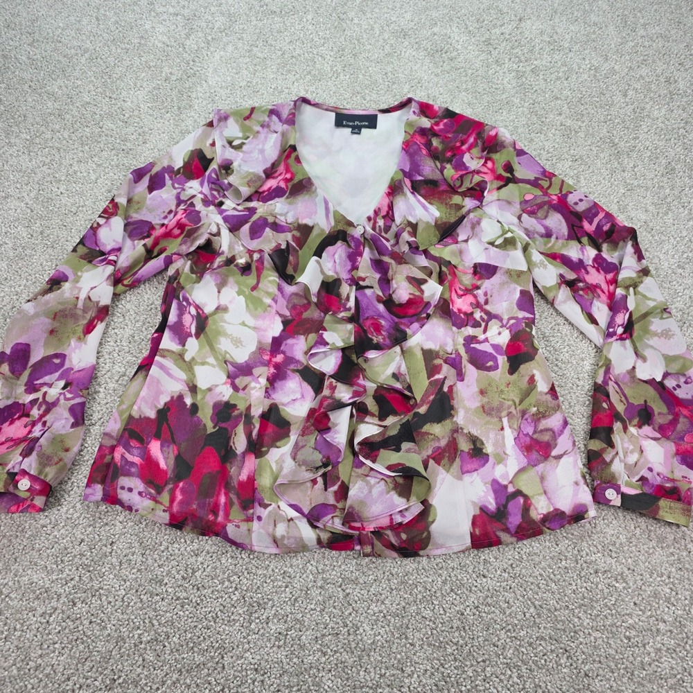 Evan-Picone Womens Purple Pink Floral Ruffle V-Neck Blouse Lined Size 10